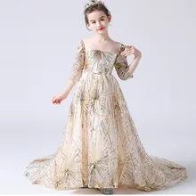 Детское высококачественное модное платье принцессы цвета шампанского с длинным шлейфом для подиума детское вечернее платье