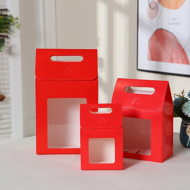 10pcs Red Blue Large Open Window Cowhide Carton Bag Kraft Handle Flap Seal Gift Box Portable Food Gift Small Color Packing Box bright red
