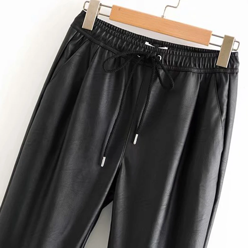 Vintage Stylish Pu Leather Pockets Pants Women 2020 Fashion Elastic Waist Drawstring Tie Ankle Trou