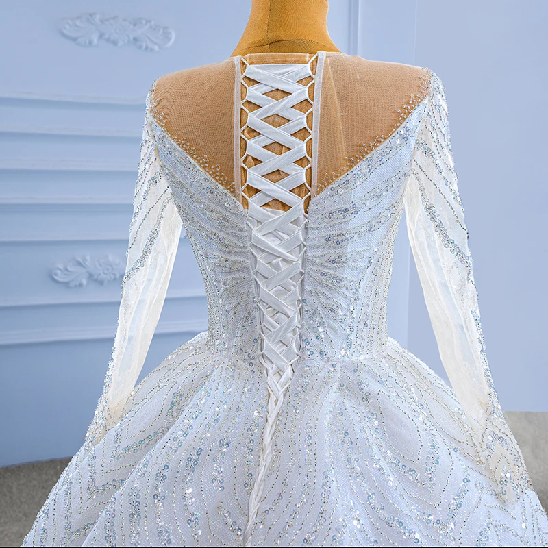 RSM67382 2022 Luxury Wedding Gown For Bride 2021 Shiny Pearl Long Sleeve O Neck Boho Wedding Dress блестящее свадебное платье 6