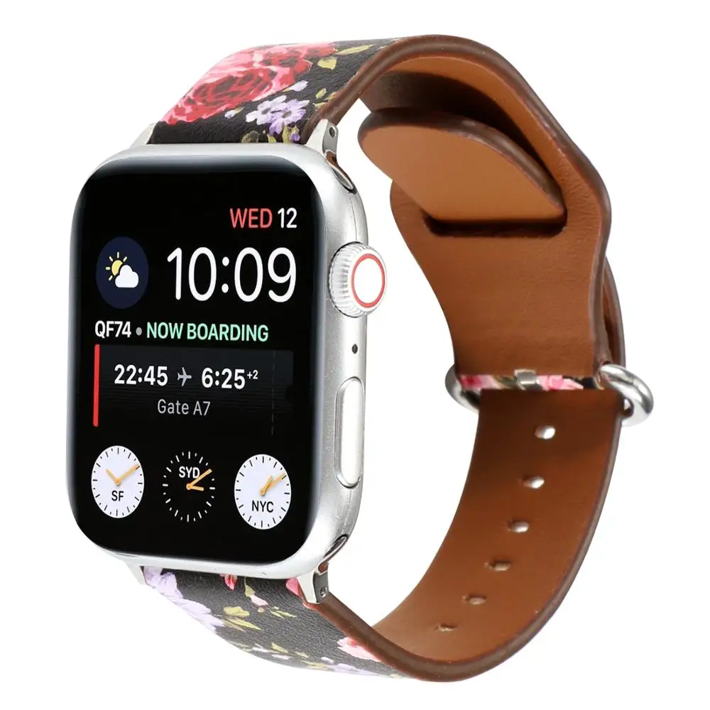 Кожаный ремешок для наручных часов Apple Watch, версии 44/40 мм наручных часов iWatch, ремешок 42/38 мм с цветочным принтом кабель-браслет на запястье для Apple Watch Series 5 4 3 2 1 ремешок