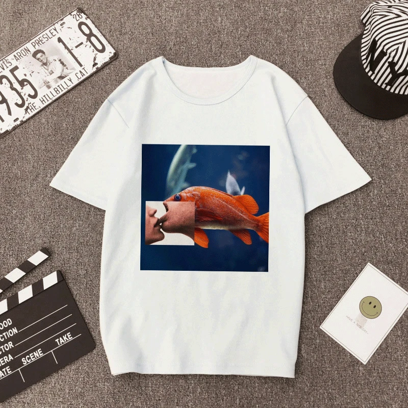 

New 2020 Korean Shirt Style Picture Puzzle Kawaii Funny Printing Series Polyester Short-sleeved T Shirt Large Women Clothes Tops