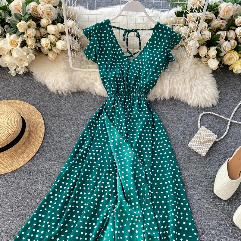 SINGRAIN Women Irregular Polka Dot Long Dress V Neck Chiffon Ruffle Sleeve Boho Midi Long Dress Summer A-line Beach Dress 2020