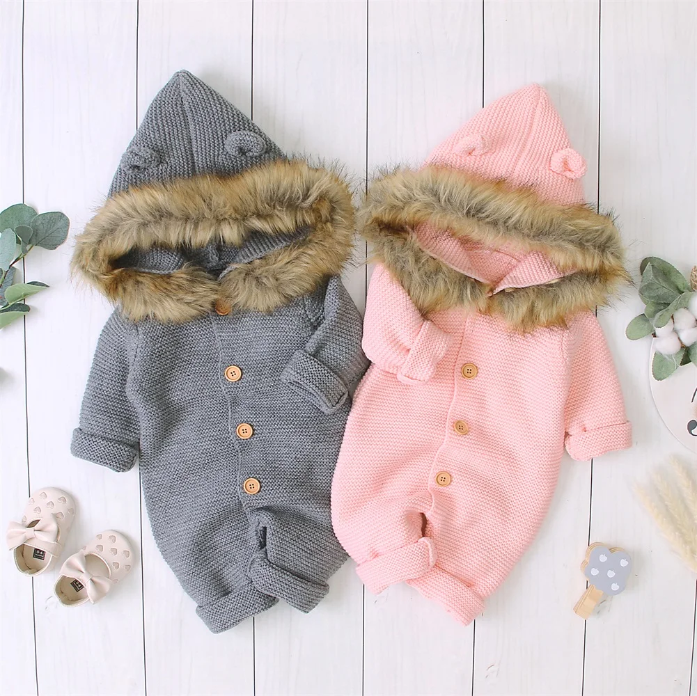 Winter Autumn Cute Infant Babies Hooded Rompers Newborn Baby Boys Girl Button Romper Knitted Jumpsuit Coat Outfit Clothes | Детская