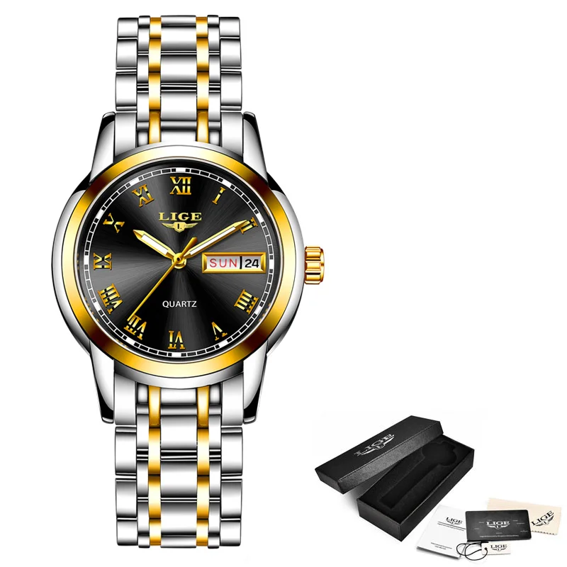 LIGE новые золотые часы женские креативные стальные женские часы с браслетом женские водонепроницаемые часы Relogio Feminino - Цвет: Gold black
