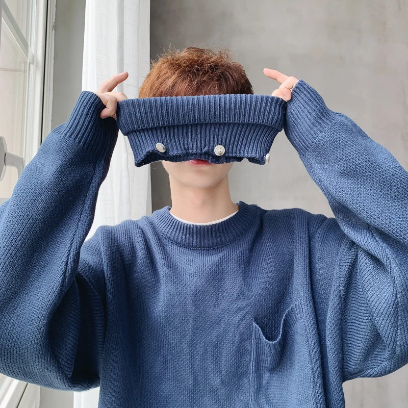 

High Collar Sweater Men Warm Fashion Solid Color Casual Detachable Collar Knit Pullover Street Wild Loose Long Sleeve Sweater