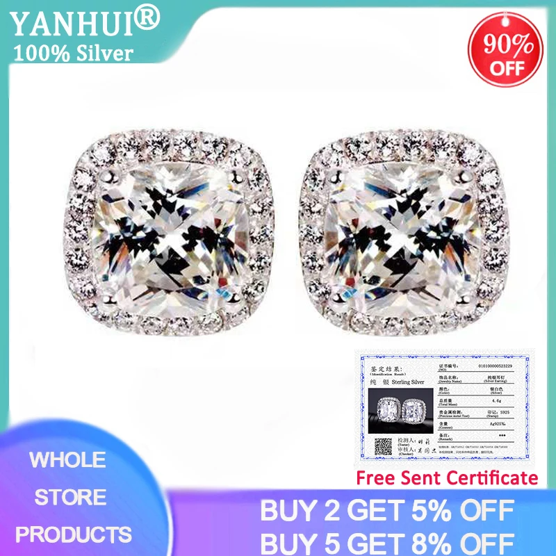 

YANHUI With Certificate Luxury 2.0ct Zirconia Diamond Earrings Fine Jewelry 925 Silver Fashion Double Stud Earrings For Women E1