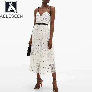 

AELESEEN Runway Fashion Dots Print Dress Women 2020 High Quality Spaghetti Strap V-Neck Hollow Out Lace Party Holiday Long Dress