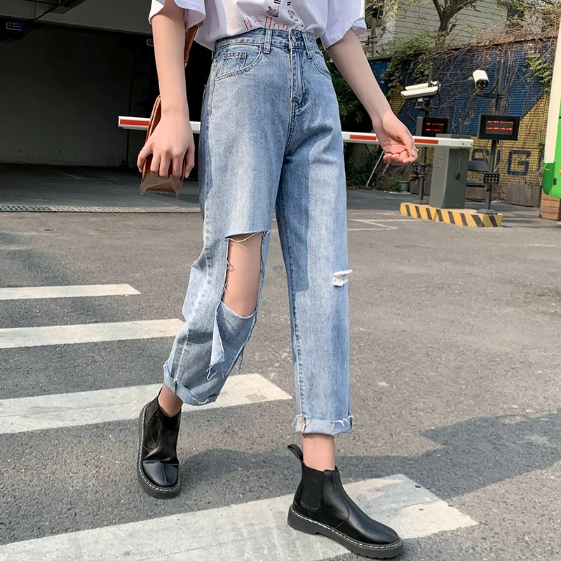 

2020 Spring and Autumn High Waist Womens Ripped Distressed Slim fit Broken hole High Waist Denim Pants Shredded Jeans Trousers