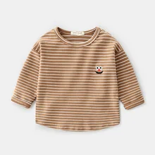 Нижнее белье для мальчиков из Осенняя Футболка с рукавами футболка для малышей стиль в полоску детская одежда детская Базовая рубашка натуральный хлопок с подкладкой Корейская Стиль