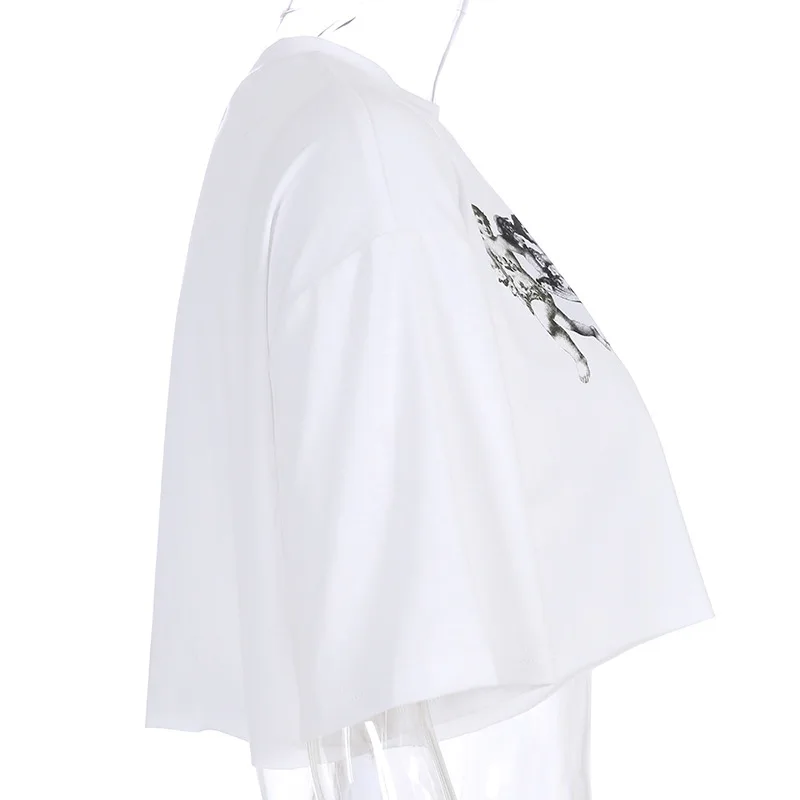 Женский укороченный топик Goth Dark, белая футболка с принтом в готическом стиле, свободный сексуальный топ до пупка, асимметричная летняя футболка
