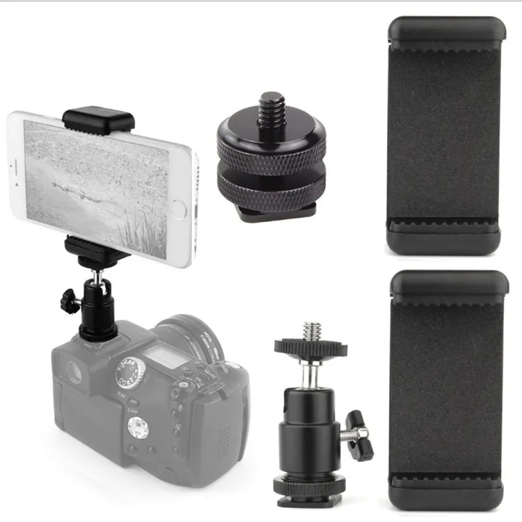 

Currently Available Hot Shoe Double Layer Cradle Head Mobile Phone Single-lens Reflex Camera Clip GoPro Ball Head with 1/4 Stand