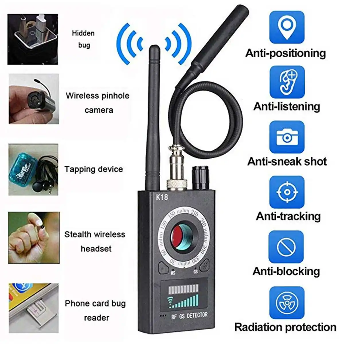 

1MHz-6.5GHz K18 Multi-function Anti-spy Detector Camera GSM Audio Bug Finder GPS Signal Lens RF Tracker Detect Wireless Products