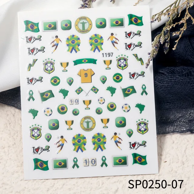Fashion Adhesive World Cup Football Nail Decal Brazil Argentina Flag Nail Art Sticker 3D Manicure Decoration Accessories7.8x10cm SP0250-07