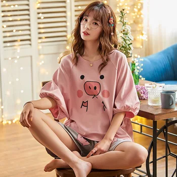

GOGONI Women Pajama Set For Summer 2020 New Arrival Cotton Women Sleepwear Short Pants Cartoon Fashion Women Nightgown GGN196