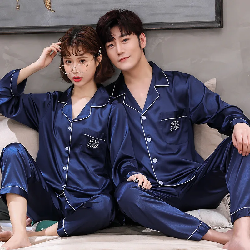 

Couple Pajamas Women Spring Ice Silk Long Sleeve Sleepcoat Men's Suit Loose Large Size Thin Silk Solid Homewear Clothes