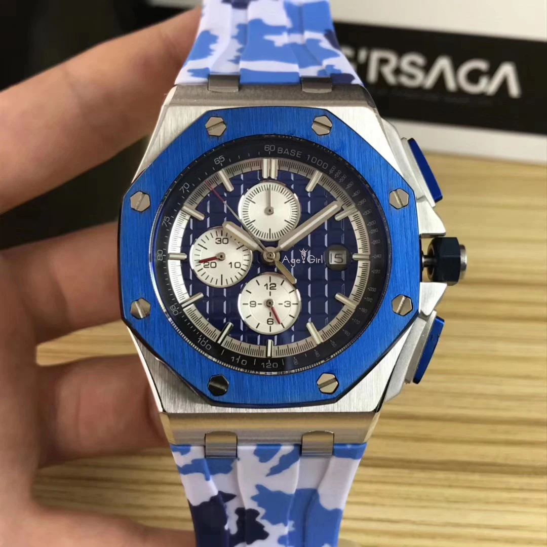 

Luxury Brand New Men Automatic Mechanical Sapphire Oaks Silver Navy Blue Bezel Stainless Steel Rubber Watch Royal Glass Back
