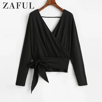 

ZAFUL Women Dolman Sleeves V Neck Surplice Solid Tee Long Sleeves Solid Color Batwing Sleeve Female Tops Casual Plain T-Shirts