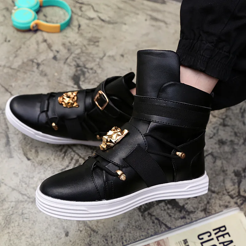 Rivet metal Hip Hop boots Men White Solid Dance Platform Flats Fashion buckle High Top Zapatillas Hombre jkm90