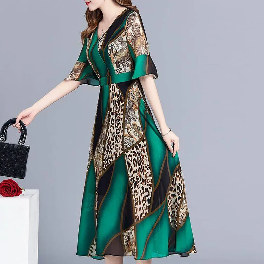 JAYCOSIN женское платье модное летнее леопардовое платье с v-образным вырезом средней длины короткий рукав-бабочка платья с высокой талией