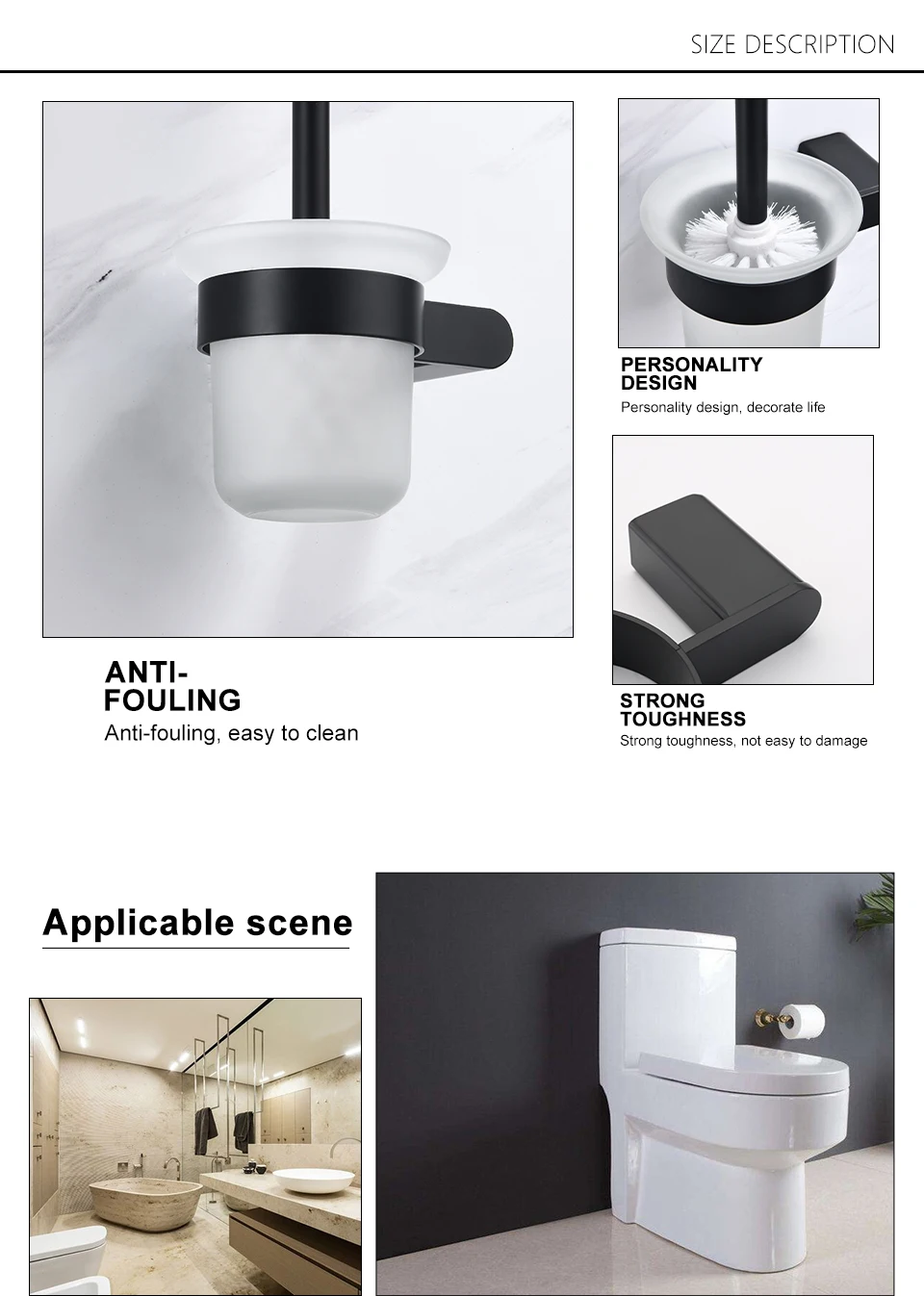 Description Picture 4 of itemNew Toilet Brush Holders Stainless Steel Matt Black Toilet Bowl Brush Clean Ceramic Bathroom WC Accessories