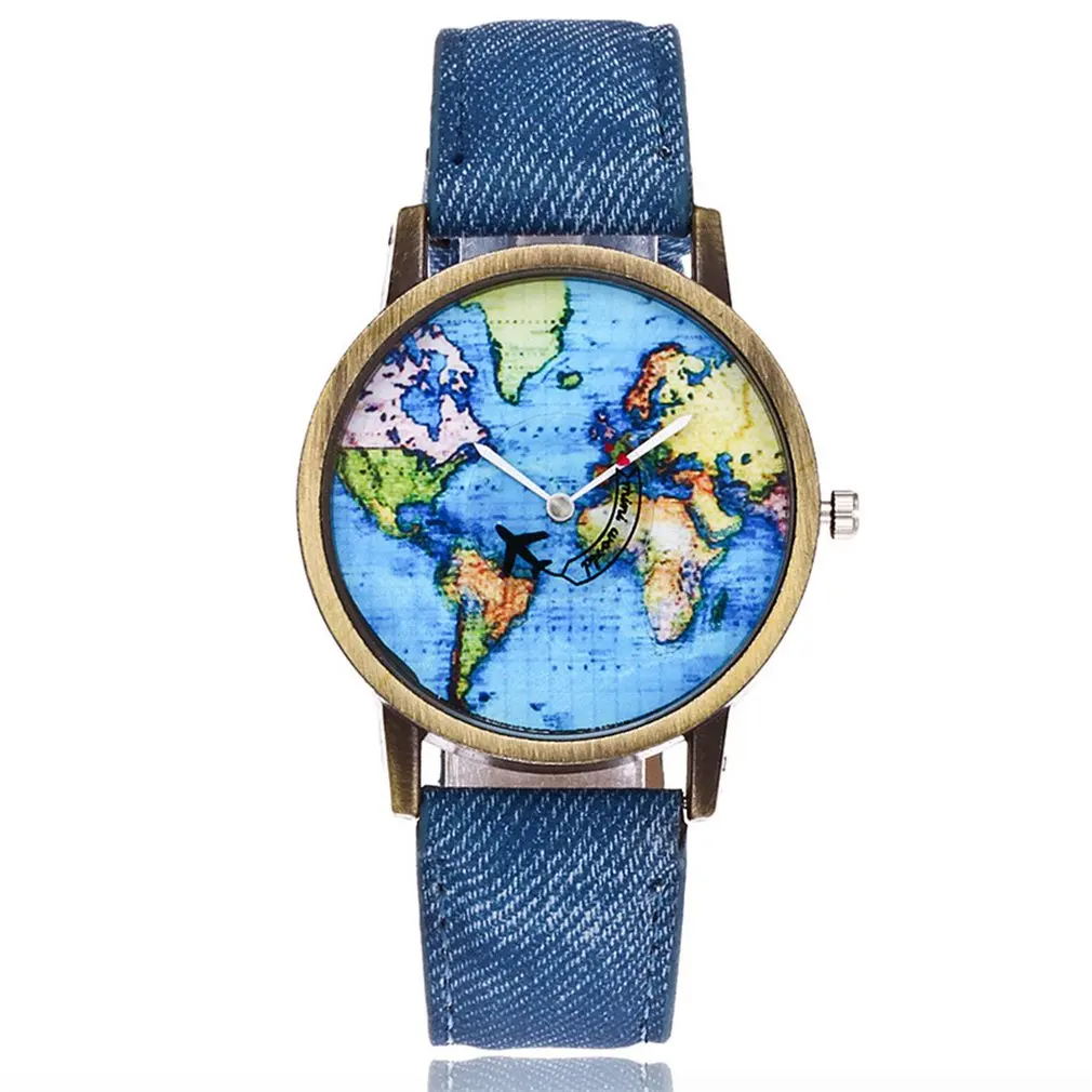 Коровья ткань джинсовый ремешок Синий мир в форме карты стеклянные наручные часы мужские и женские кварцевые часы для модных платьев