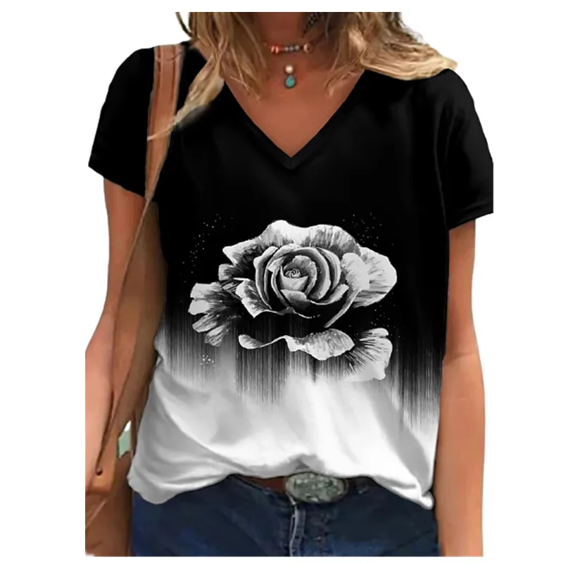 t-shirt in kid	 2022 New Women 3D Flower Print T Shirt Summer Short Sleeve V-Neck Loose Oversized Tops Casual Vintage Female Tee Plus Size S-5XL tees children's clothes