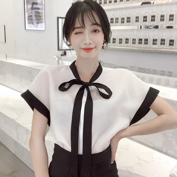 

Womens Tops and Blouses Ladies Shirt Fashion Blouse Bow Short Sleeve Shirt Women Casual Shirts Top