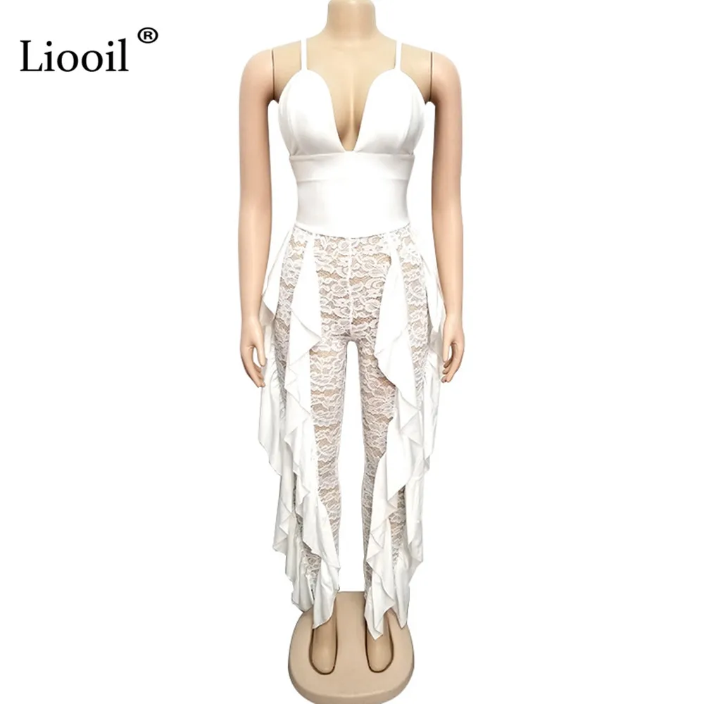 Liooil открытая спина кружева сексуальный прозрачный Облегающий комбинезон 2019 V шеи прозрачные белые вечерние Клубные костюмы, женские