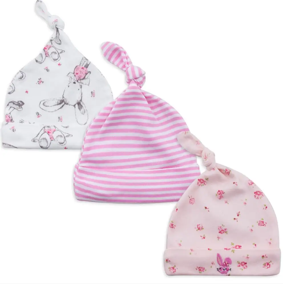 bunny hats 3 шт./партия, детские шапки, хлопковые детские колпачки для новорожденных мальчиков и девочек, мягкая детская шапка с принтом, аксессуары для детей 0-6 месяцев, длина регулируется - Цвет: bunny hats