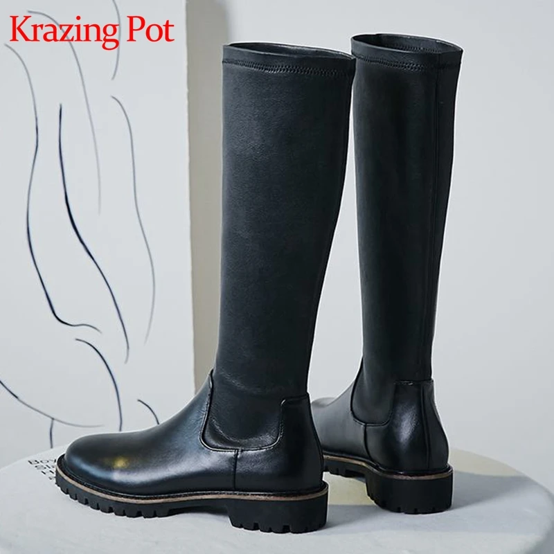 

Krazing pot genuine leather neutral design style square med heels black color keep warm riding online star thigh high boots L30