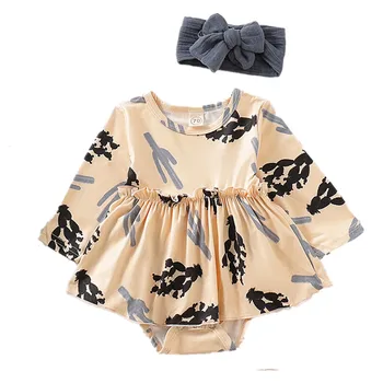 

Cotton Newborn Kids Baby Girls Clothes Bodysuits Autumn Long Sleeve Toddler Plant Print Jumpsuits Dress+Headbands 2pcs Outfits