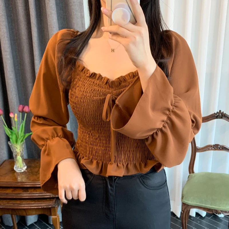 MUMUZI дизайнерская шифоновая женская рубашка с открытыми плечами Осенняя новая стильная блуза с длинным рукавом Осенняя рубашка Топы с длинным рукавом - Цвет: coffee blouse