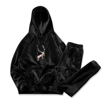 

Men Velour Velvet Full Hoodies Gym TrackSuit Sport Sweats Jacket Coat Bottom Top Suit Trousers Pants Track Suit Outfit Deer Elk