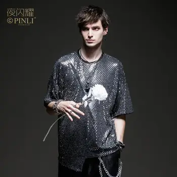 

Free shipping New men's male 2020 summer night shine spring nightclub loose sequin short sleeve T-shirt T shirt BY201111083