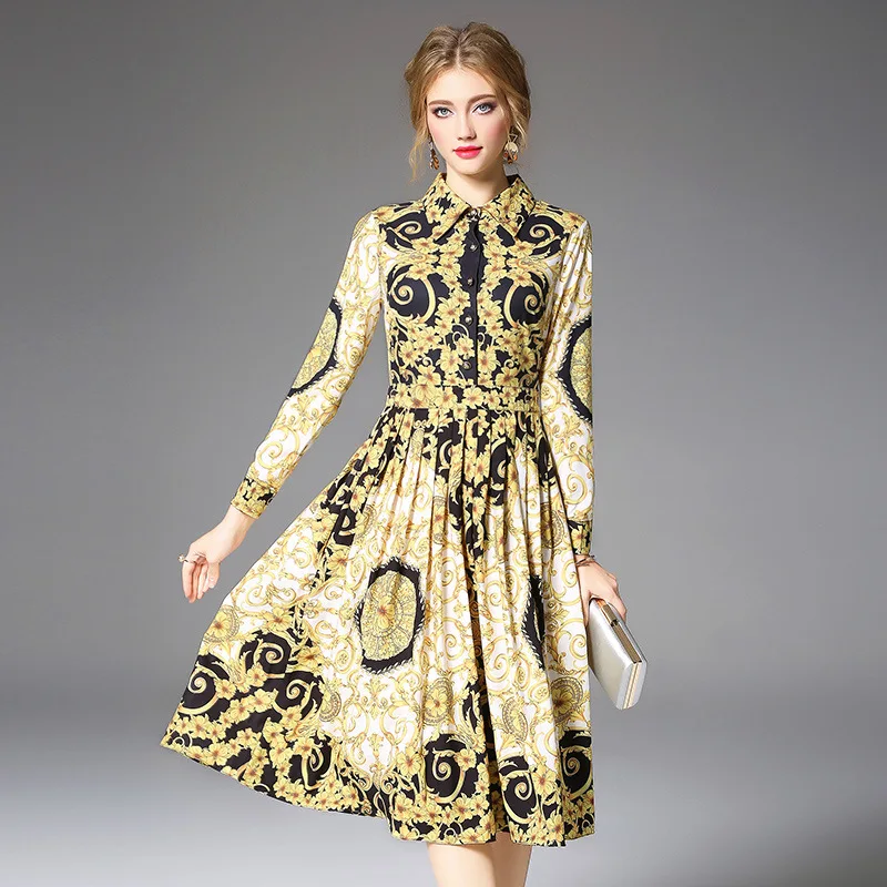 

Photo Shoot Ozhouzhan New Style WOMEN'S Dress Elegant Mid-length Baroque Floral Pleated Dress