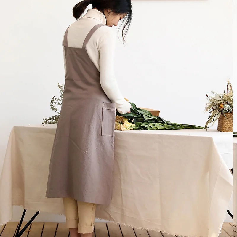 New Cotton Linen Apron For Cooking Baking Flower Shop Ruffles Work Clean Kitchen Aprons for Woman Uniform Lady Dress
