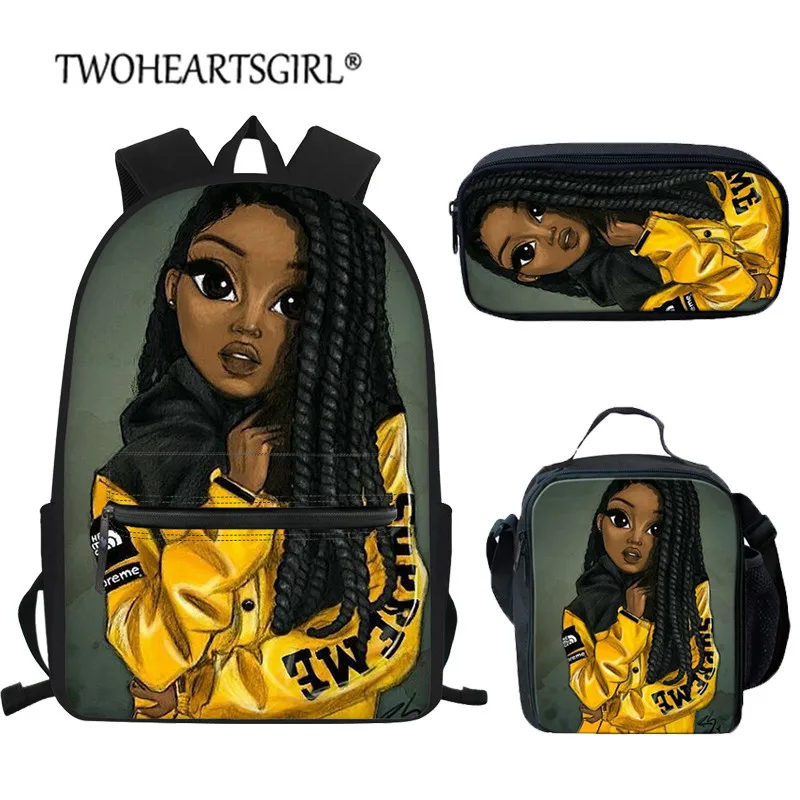 Twoheartsgirl African American Girls Printed Student Backpack Set for