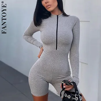

FANTOYE Zipper Knitted Skinny Playsuit Women Long Sleeve Skinny Bodycon Rompers Jumpsuit Female New Casual Elastic Gray Overalls