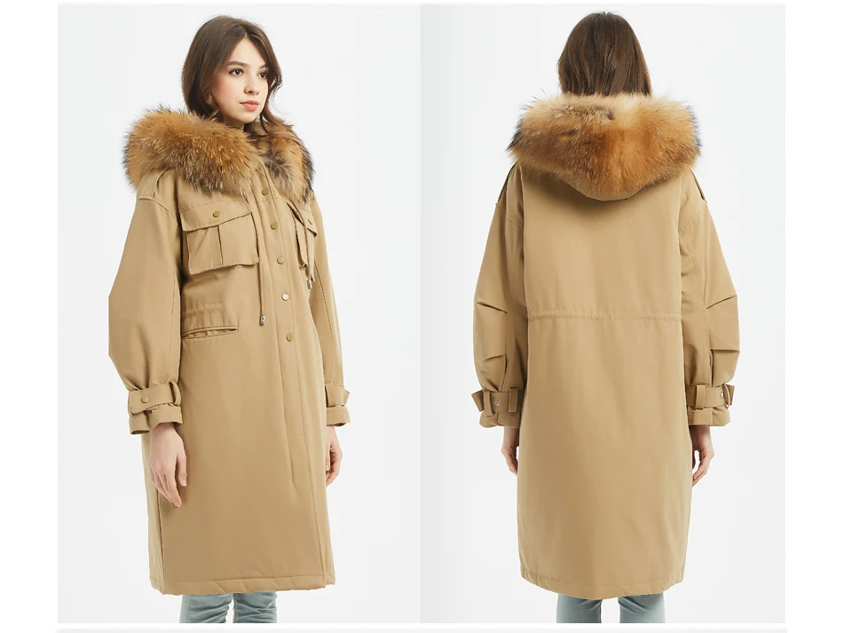 Новая зимняя куртка, свободная Длинная кожаная куртка с воротником из натурального Лисьего меха, толстая теплая парка на утином пуху