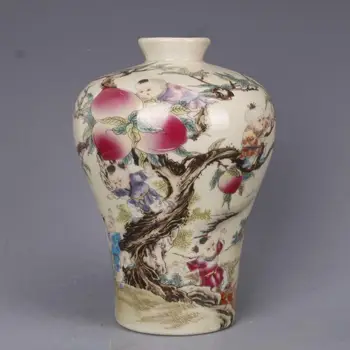 

Old China qing tongzhi marked famille rose nine child Peach picking vase 6.3"
