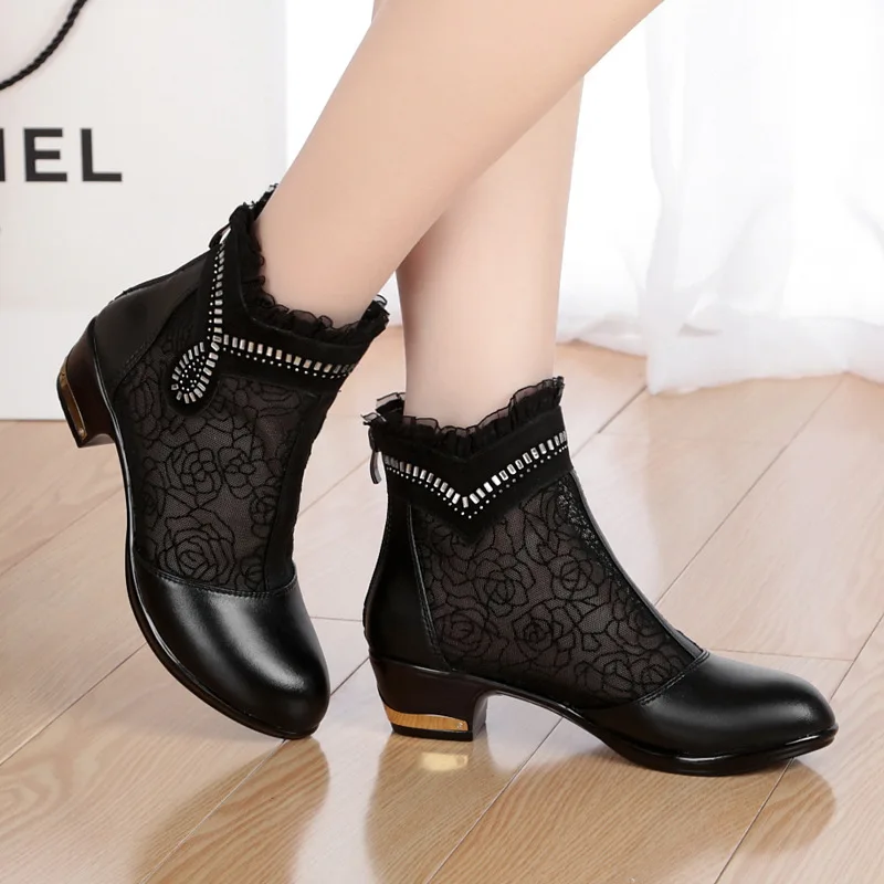 

Odd New Style Genuine Leather Ankle Boots Net Boots Fish Mouth Semi-high Heeled WOMEN'S Sandals Large Size Hollow out Gauze Lace
