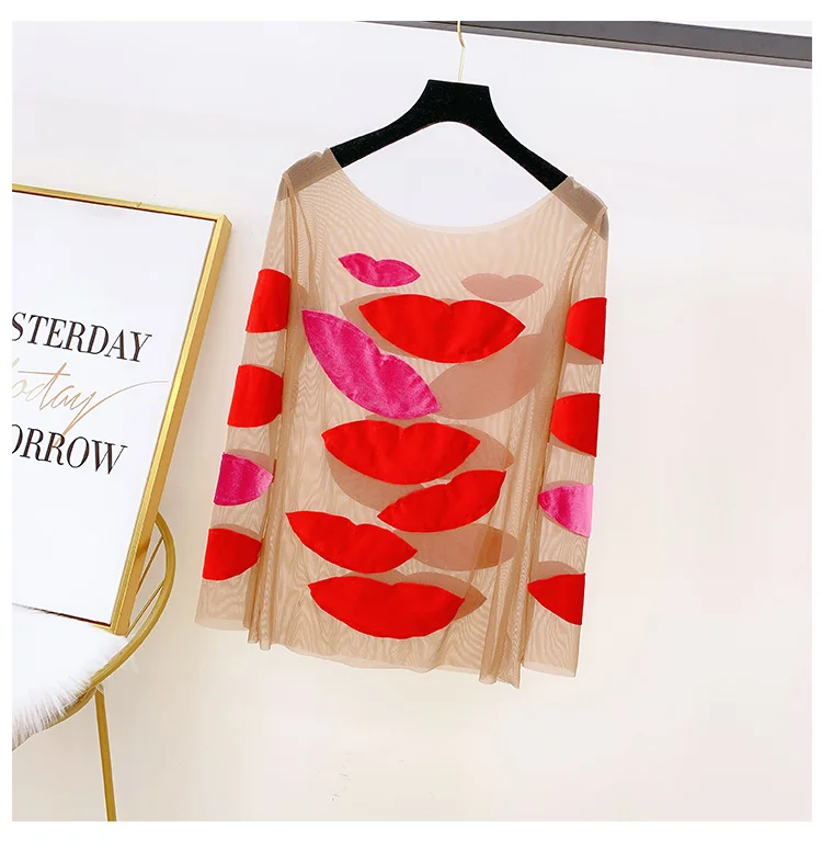 Fall Winter Pull Shirt Women New Lip Patch Long Sleeve Blusas Perspective Shirt Tops Girls Lady Basic Tops Poleras Mujer