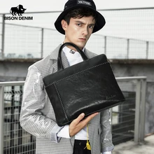 BISON DENIM, натуральная кожа, мужская сумка, 14 дюймов, сумка для ноутбука, высокое качество, мужская деловая сумка с верхней ручкой, роскошный портфель, N2908-3