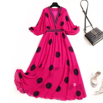 

Summer Style Bohemian Dress Women Clothes 2020 New Fashion Batwing Sleeves V Neck Dot Print Midi Aline Beach Chiffon Dresses