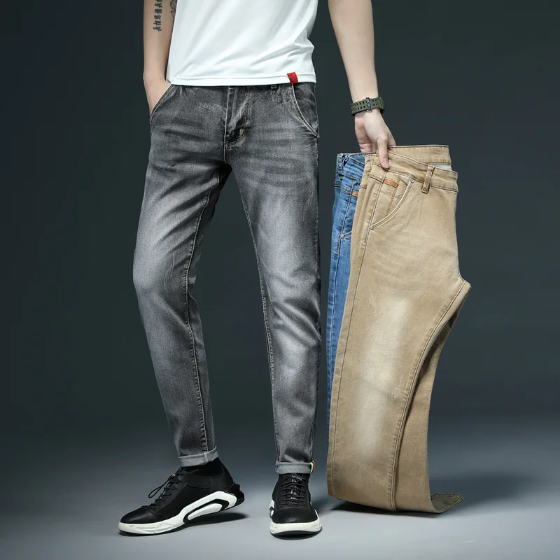 Pantalones vaqueros ajustados elásticos para hombre, Vaqueros ajustados informales a la moda, color gris, negro, caqui, blanco, verde y azul, 7 colores