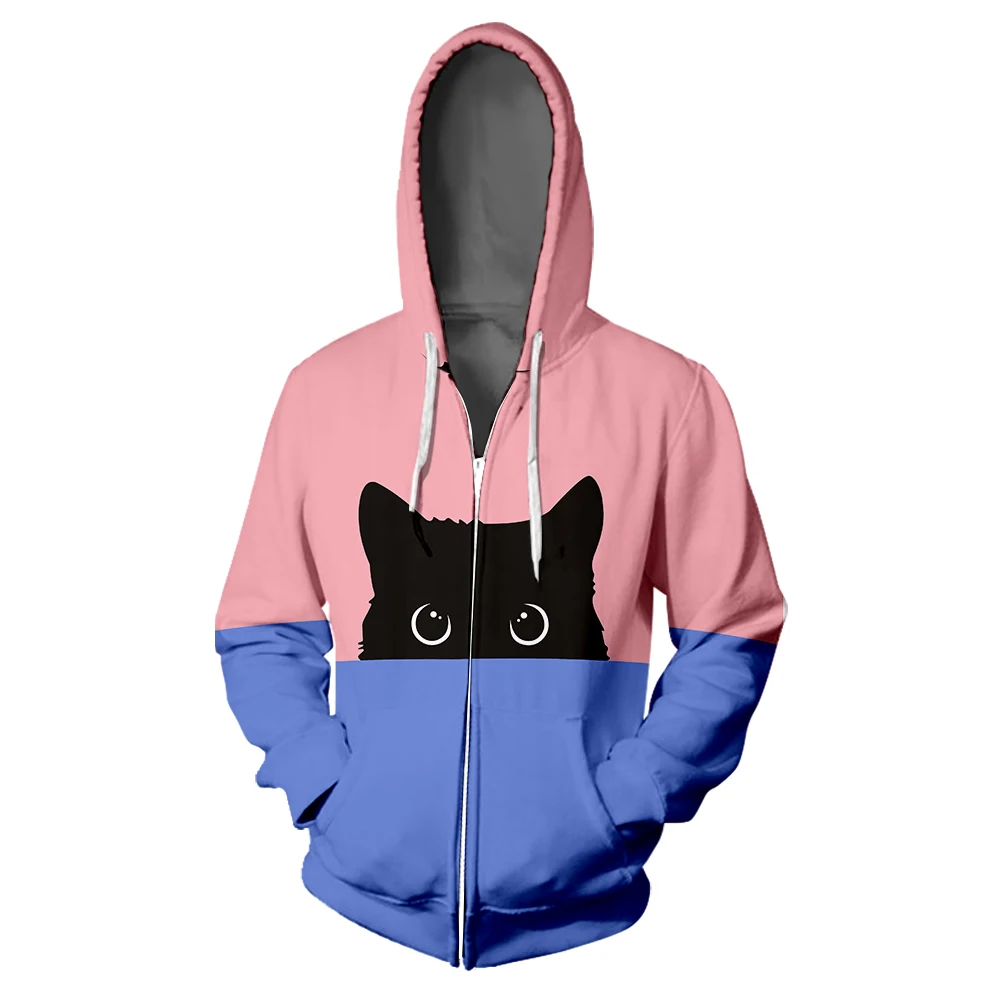 kawaii Black Cat fashion Zipper Hoodie Casual Two-tone Split Color Print Woman 3D Colorful Hooded Cute Pussy Zipper Sweatshirt