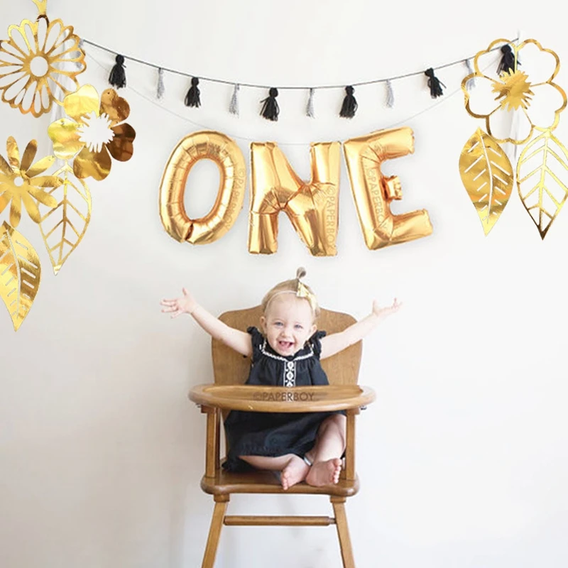 Gold Sliver Leaf Flower Garlands Banner First Birthday One Year Party Decor Kids Baby Shower Wedding Bunting | Дом и сад