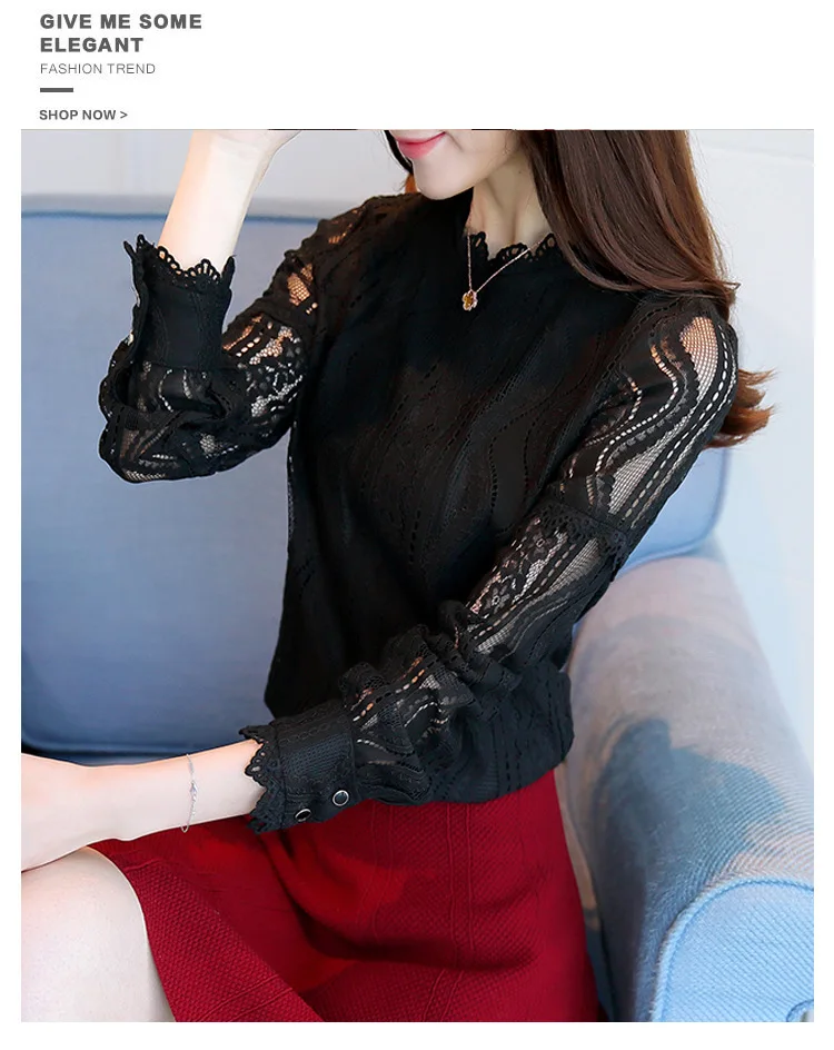 spring autumn Women Crochet Blouse Lace Chiffon Shirt White/Black Basic Shirt Ladies Stand Collar Ruffles Blusas Femininas