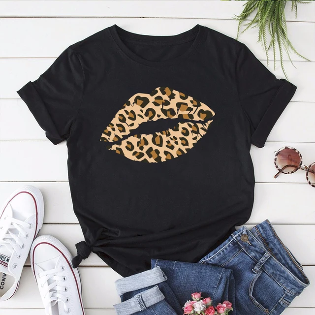 Summer Fashion Shirt Lips Leopard Graphic T Shirt Women Harajuku Tops  O-neck 4 colors Tee Kiss Lip Funny Girls  T-shirt Lips 3 Black